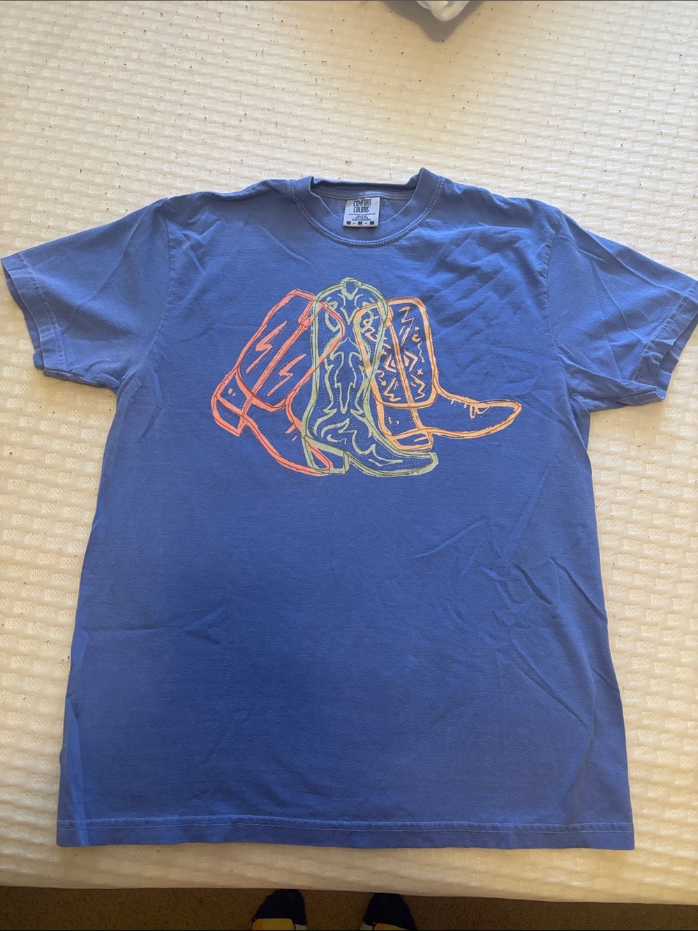 Comfort Colors Blue Short-Sleeve Tee with Neon Cowboy Boot Graphic
